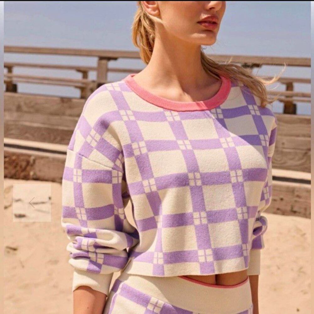 Anthropologie Daily Practice Plaid Purple & White Long-Sleeve Cropped Sweater M